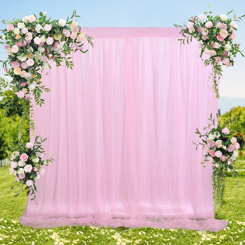 B.Cool Pink Tulle Backdrop 5ftx7ft Backdrop Curtains for Baby Shower Baby Shower Sheer Curtain Birthday Party Satin Wedding Drapes Easter Decoration - Image 1